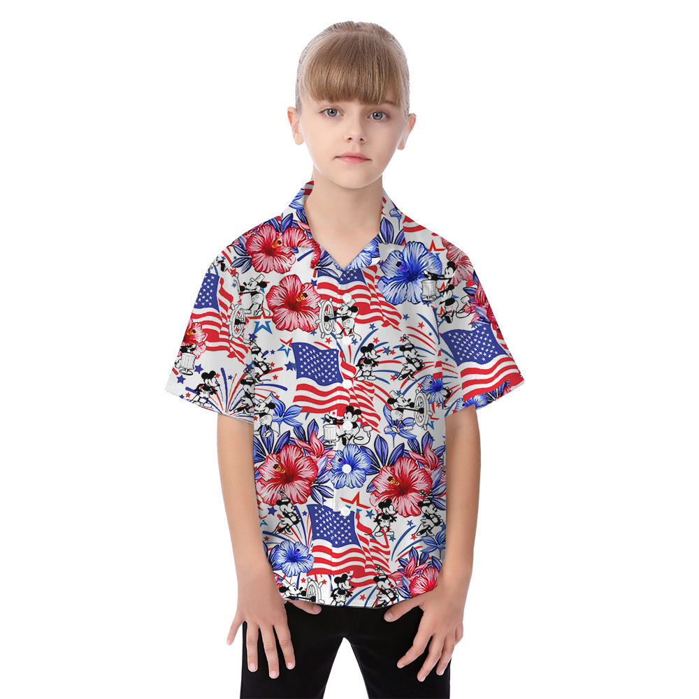 Steamboat Willie Mickey American Flag Patriotic Family Matching Hawaiian Outfits