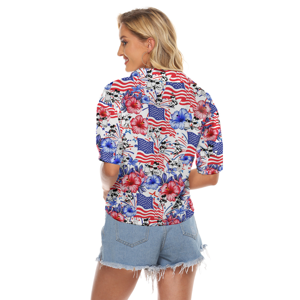 Patriotic Mickey Steamboat Willie American Flag Hawaiian Women's Cropped Shirt