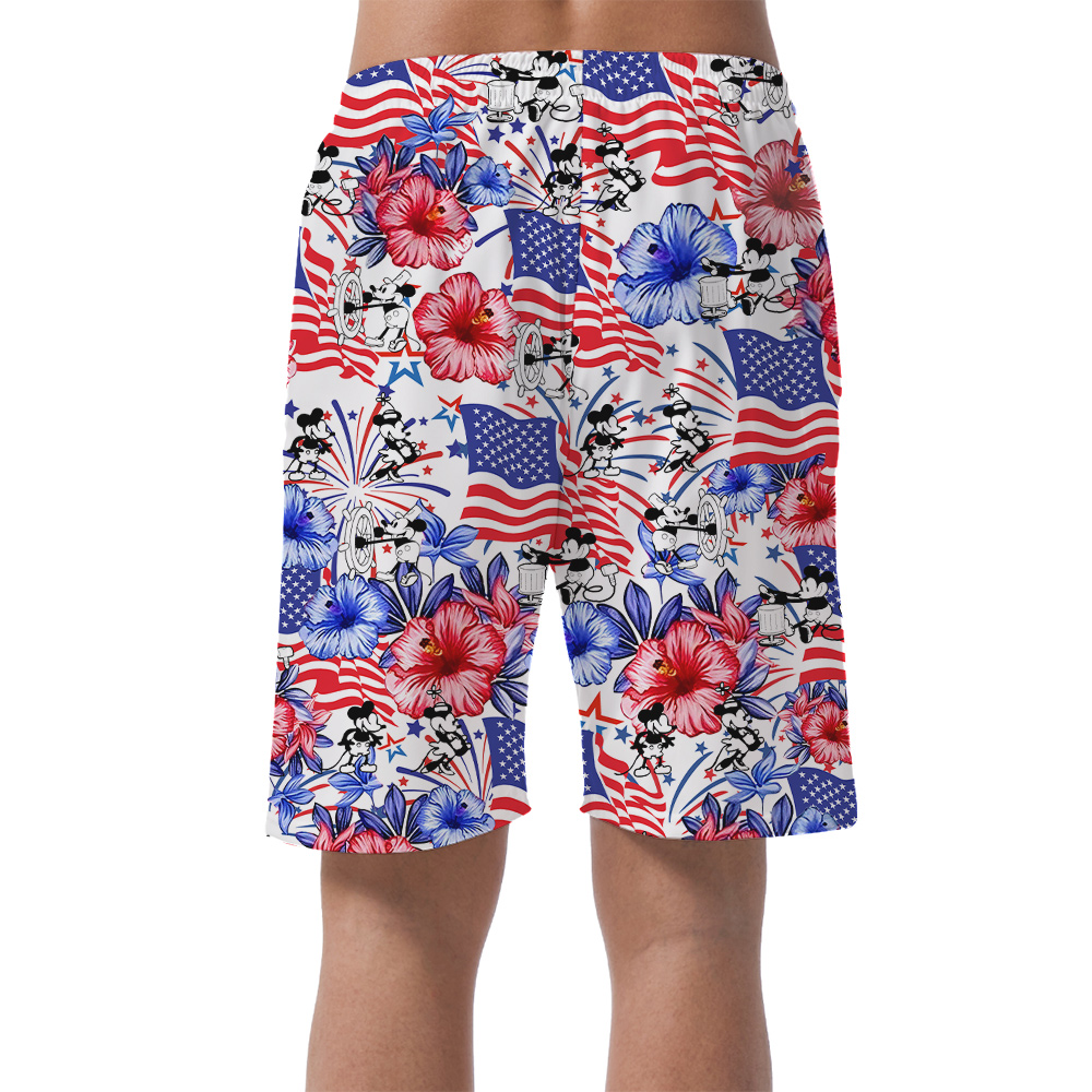 Cute Mickey Steamboat Willie Patriotic Floral Hawaiian Beach Shorts For Men