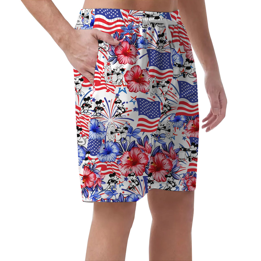 Cute Mickey Steamboat Willie Patriotic Floral Hawaiian Beach Shorts For Men