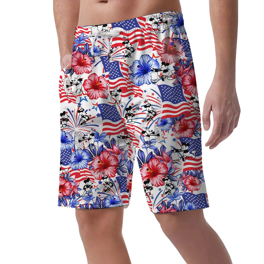 Cute Mickey Steamboat Willie Patriotic Floral Hawaiian Beach Shorts For Men