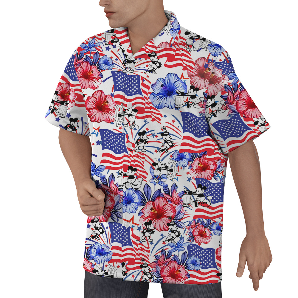 Steamboat Willie Mickey American Flag 4th Of July Hawaiian Shirt