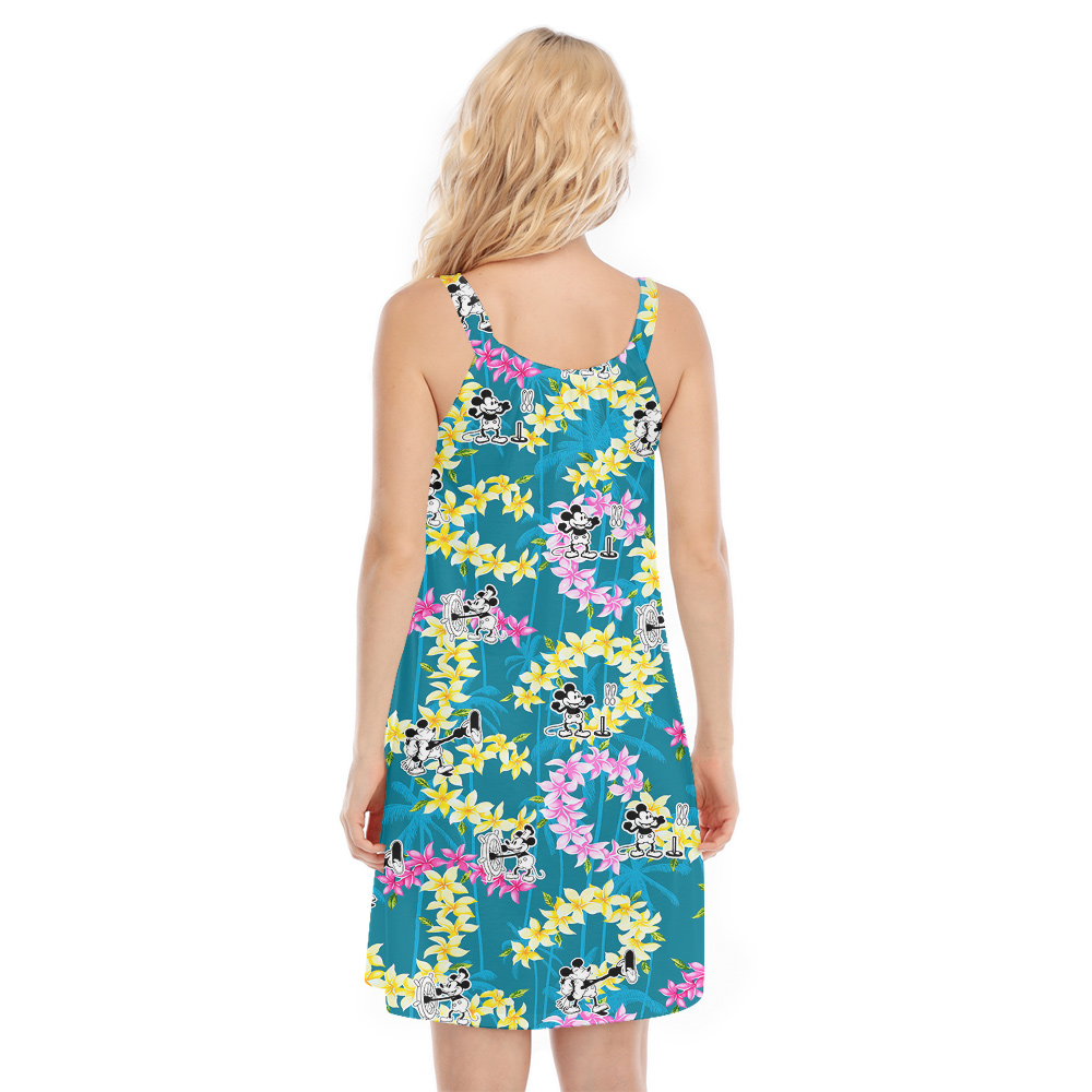 Cute Mickey Steamboat Willie Movie Floral Palm Trees Vintage Aloha Dress