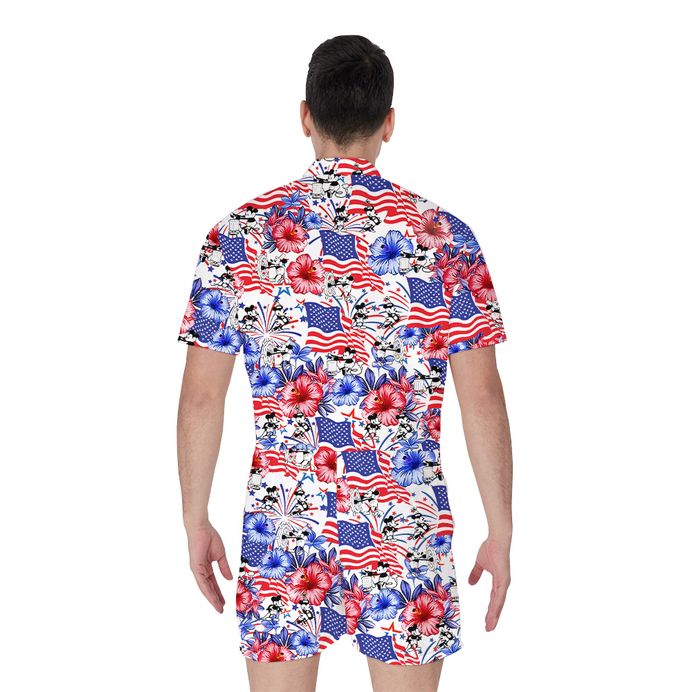 Patriotic Mickey Steamboat Willie American Flag Floral Hawaiian Romper For Men
