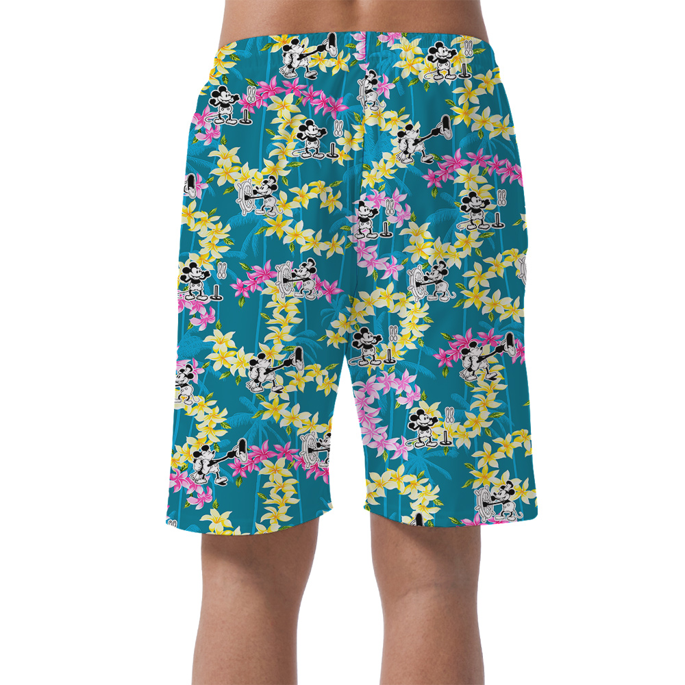 Vintage Steamboat Willie Mickey Floral Blue Men's Hawaiian Beach Shorts