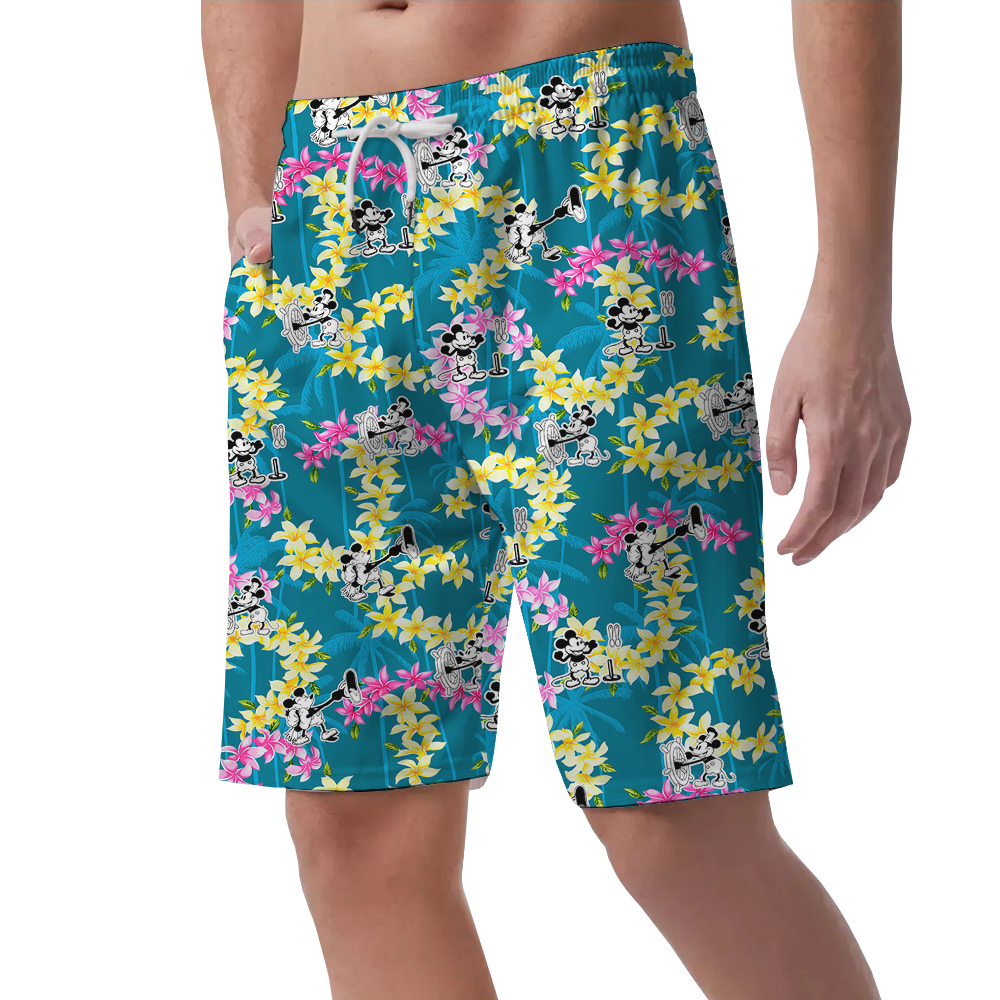Vintage Steamboat Willie Mickey Floral Blue Men's Hawaiian Beach Shorts