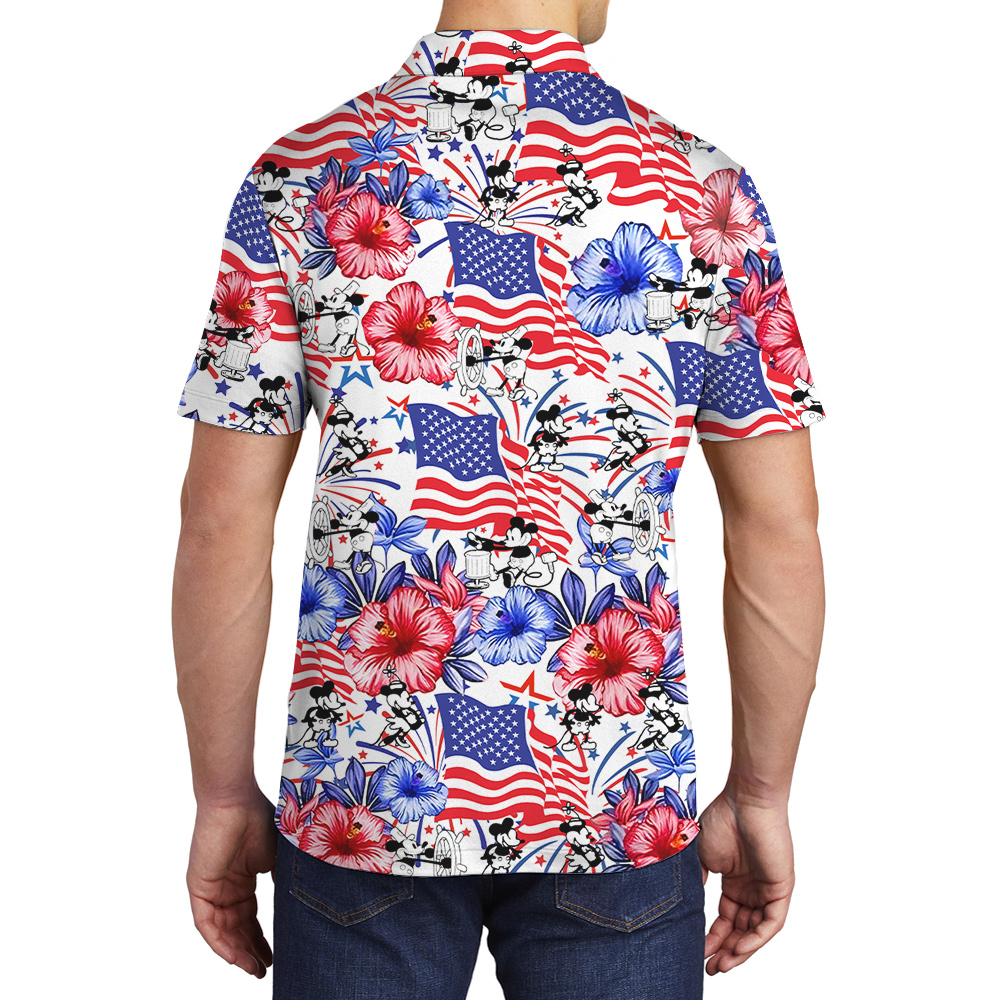 4th Of July Mickey Steamboat Willie American Flag Men's Hawaiian Polo Shirt