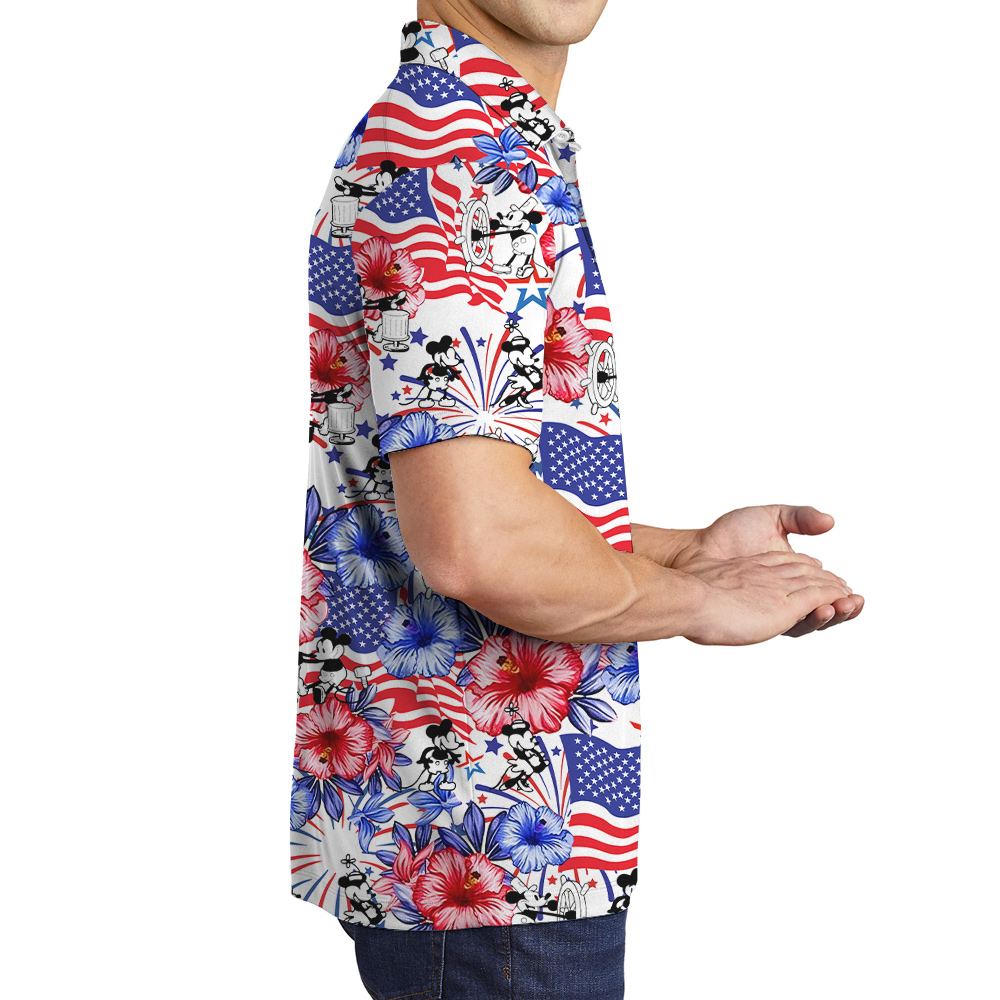 4th Of July Mickey Steamboat Willie American Flag Men's Hawaiian Polo Shirt