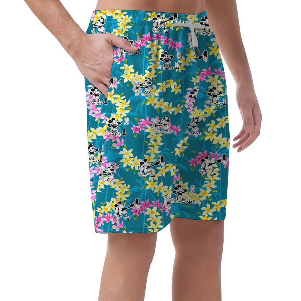 Vintage Steamboat Willie Mickey Floral Blue Men's Hawaiian Beach Shorts