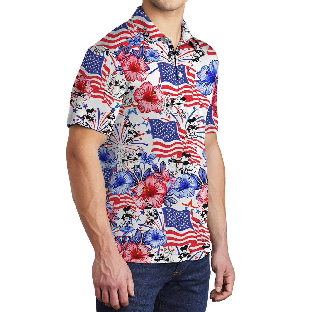 4th Of July Mickey Steamboat Willie American Flag Men's Hawaiian Polo Shirt