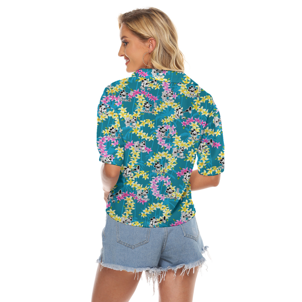 Steamboat Willie Mickey Mouse Vintage Floral Blue Hawaiian Cropped Shirt
