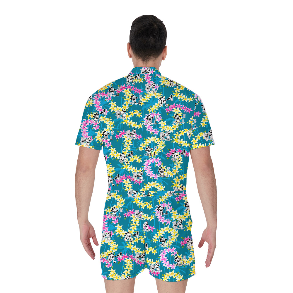 Vintage Mickey Steamboat Willie Floral Palm Trees Hawaiian Romper For Men