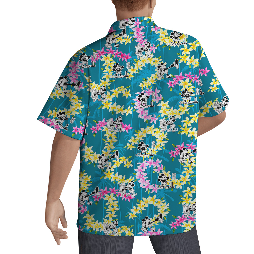 Floral Palm Tree Mickey Steamboat Willie Vintage Blue Hawaiian Shirt