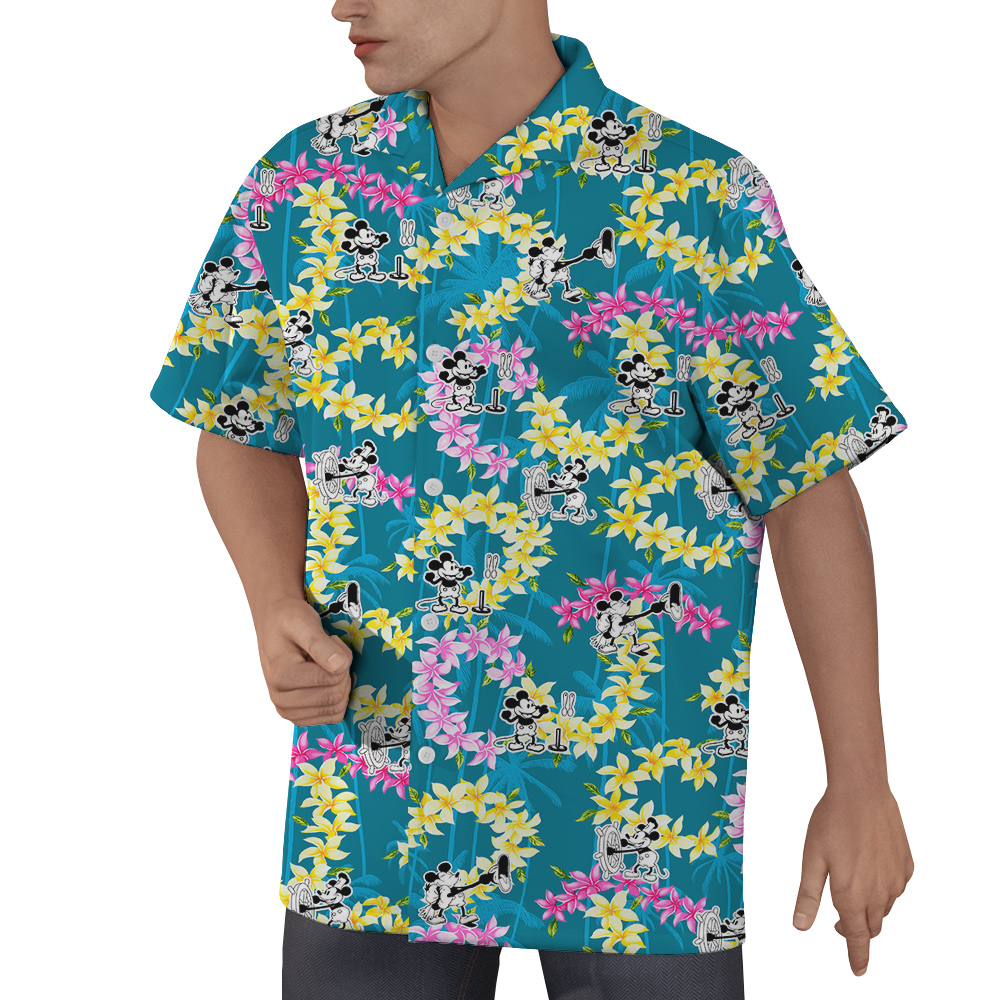Floral Palm Tree Mickey Steamboat Willie Vintage Blue Hawaiian Shirt