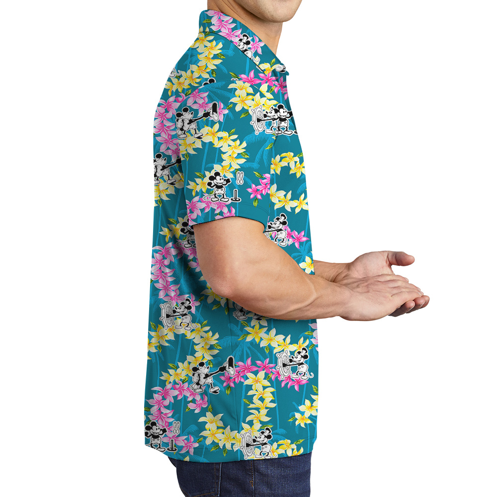 Funny Mickey Steamboat Willie Floral Palm Trees Men's Hawaiian Polo Shirt