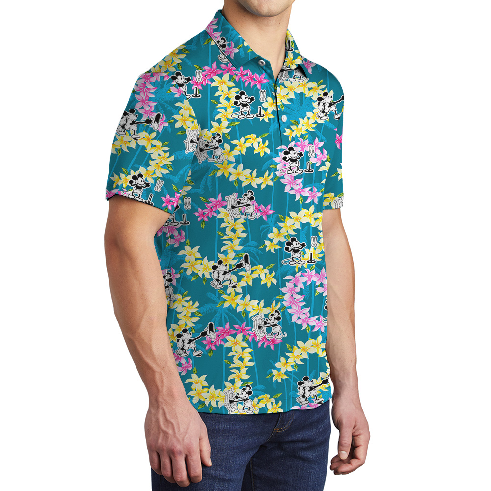 Funny Mickey Steamboat Willie Floral Palm Trees Men's Hawaiian Polo Shirt