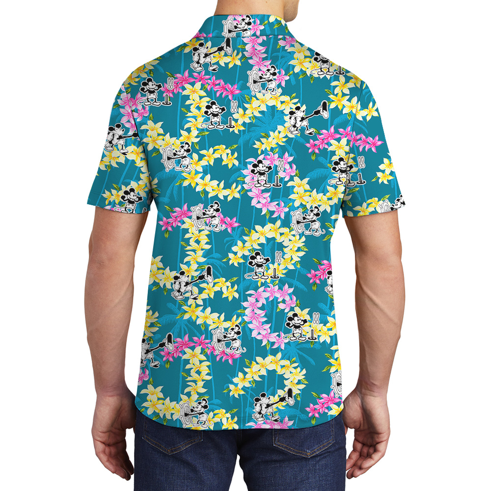 Funny Mickey Steamboat Willie Floral Palm Trees Men's Hawaiian Polo Shirt