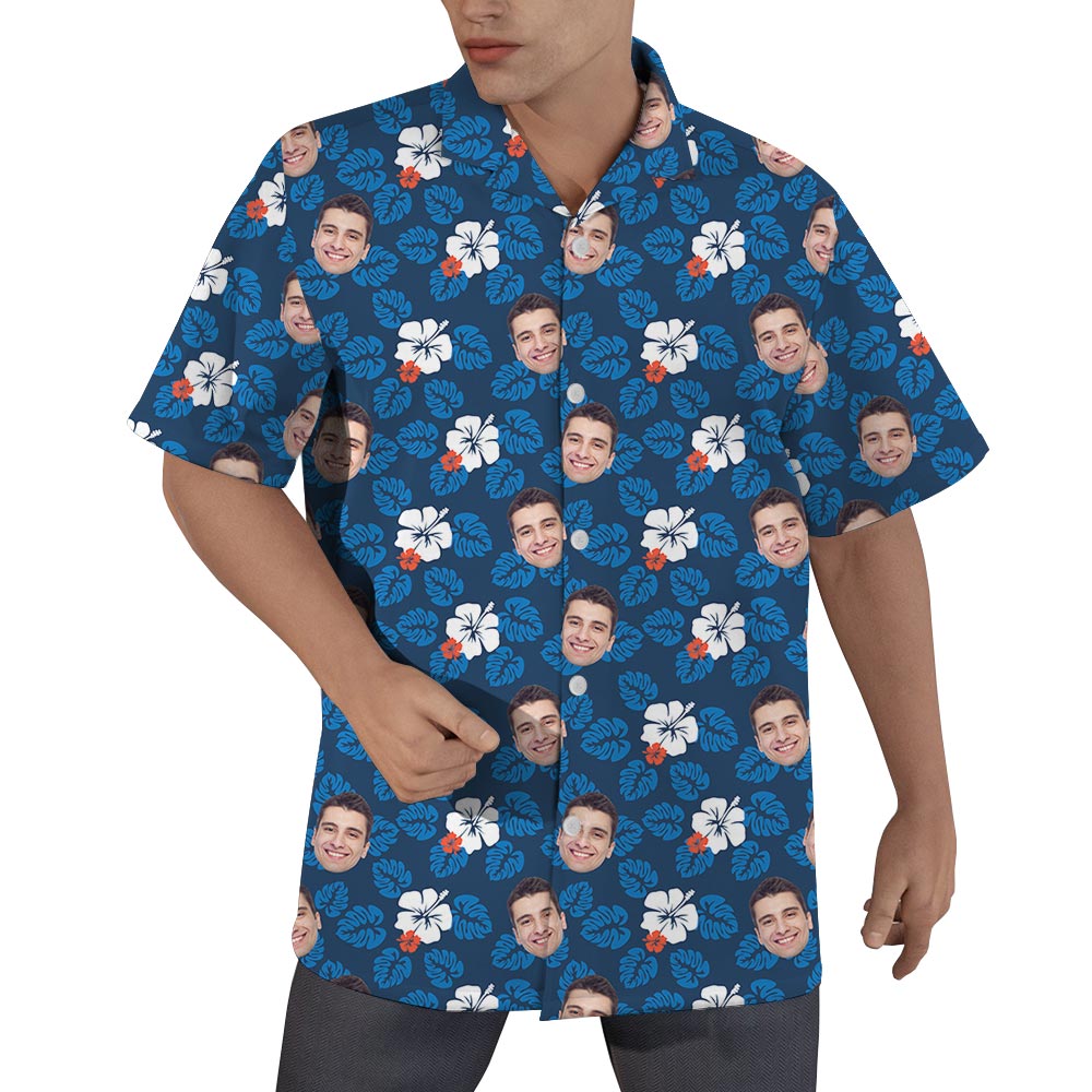 Face Custom Men's Hawaiian Shirt Navy With Hibiscus - variant image 1
