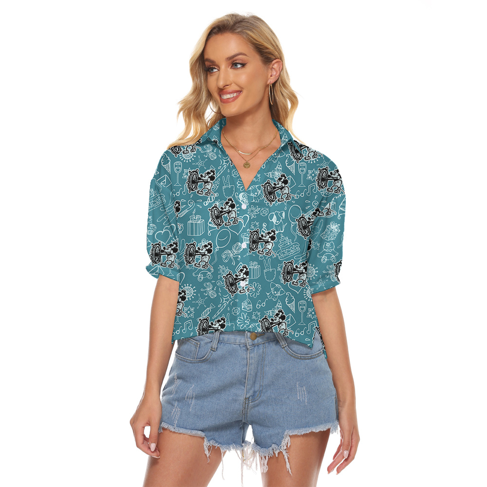 Mickey Mouse Steamboat Willie Blue Hawaiian Women Cropped Shirt - variant image 1