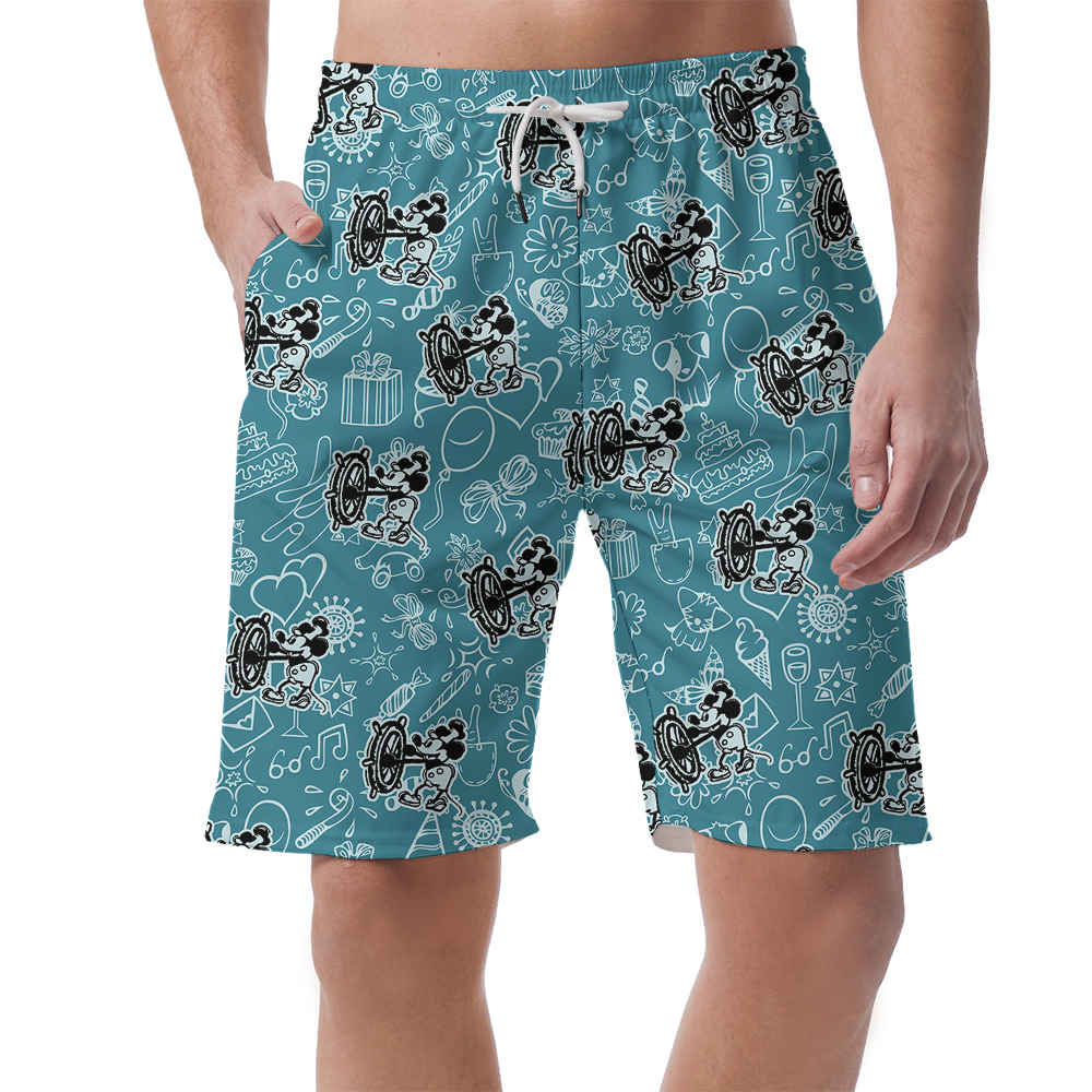 Mickey Mouse Steamboat Willie Blue Hawaiian Button Up Men Short - variant image 1