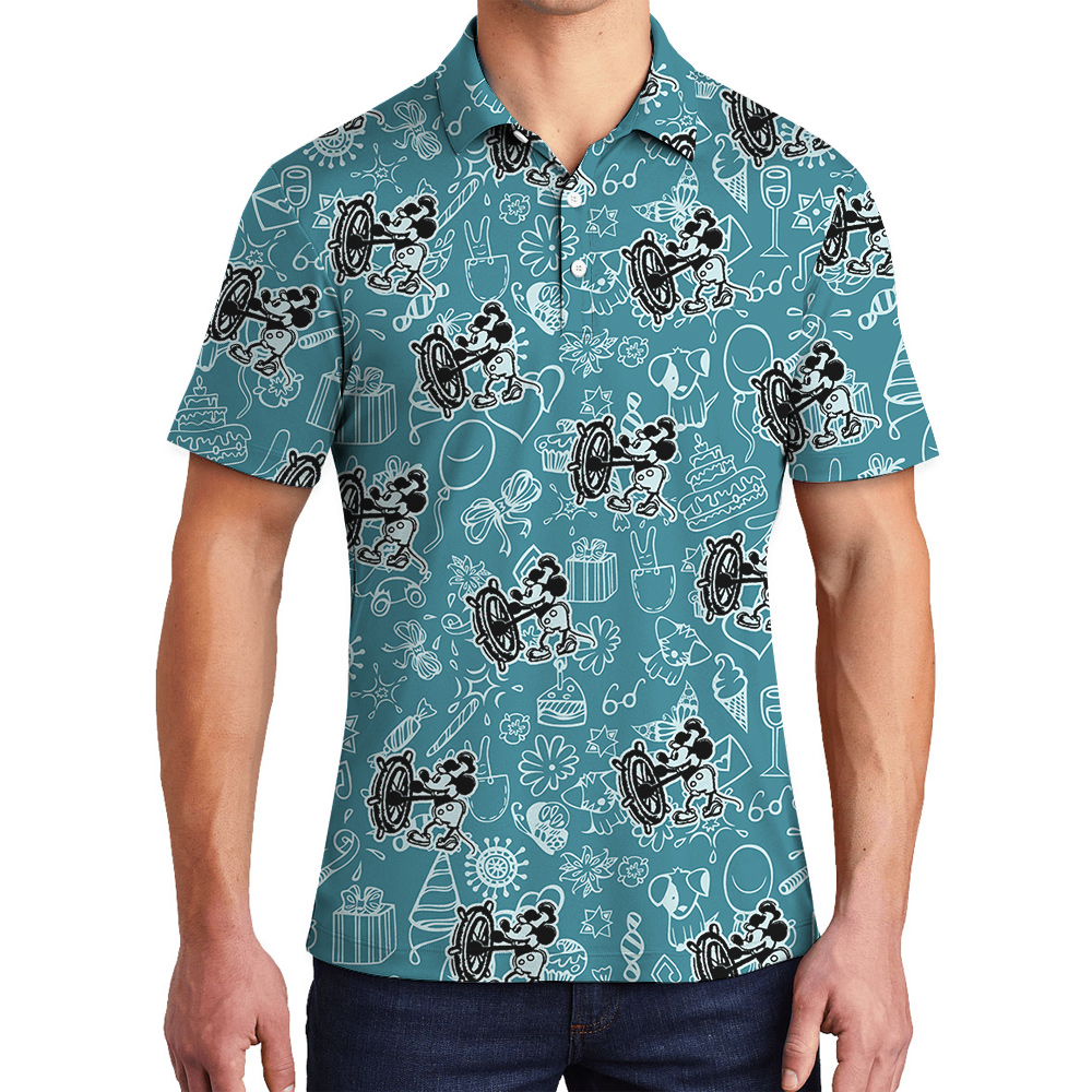 Mickey Mouse Steamboat Willie Blue Hawaiian Button Up Men’s Polo Shirt - variant image 1