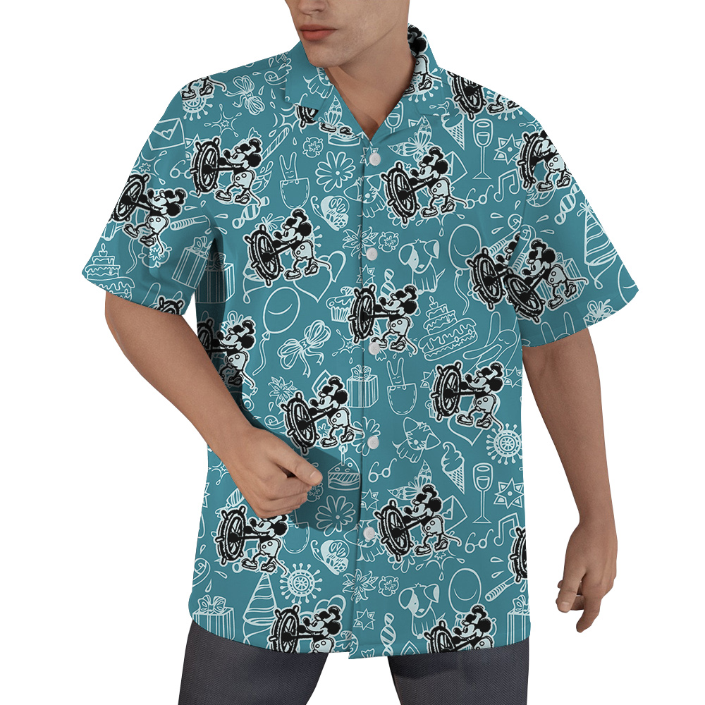 Mickey Mouse Steamboat Willie Blue Hawaiian Button Up Men’s Shirt - variant image 1
