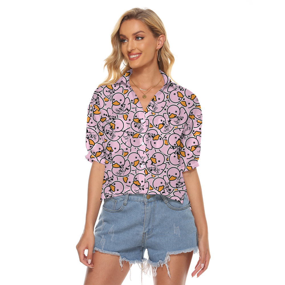 Mickey Steamboat Willie Pink Rubber Duck Hawaiian Women Cropped Shirt - variant image 1