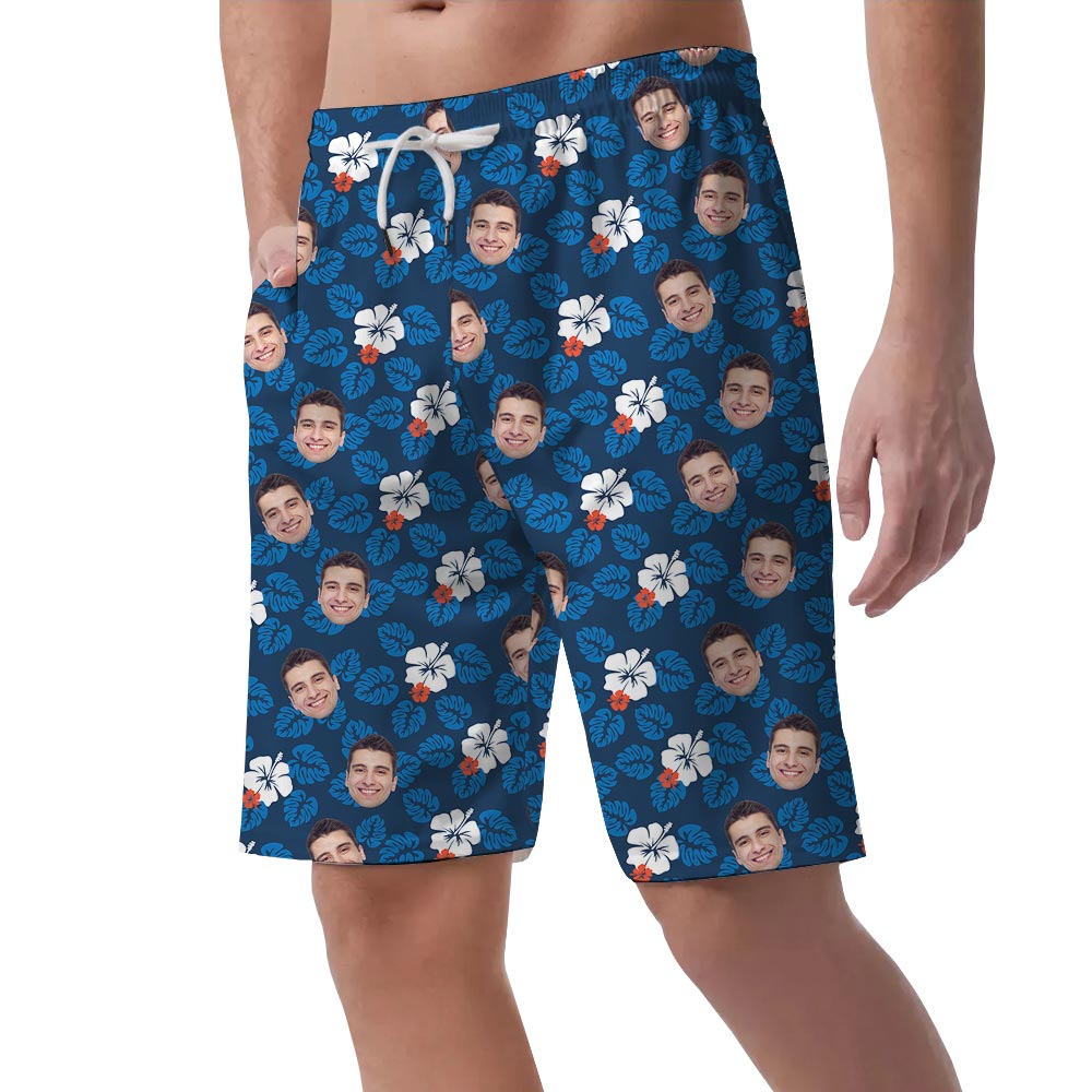 Custom Many Faces On Hawaiian Shorts Navy Hibiscus