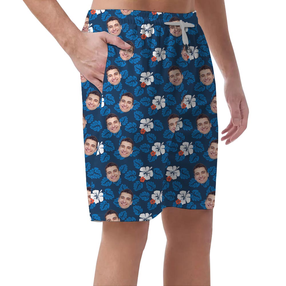 Custom Many Faces On Hawaiian Shorts Navy Hibiscus