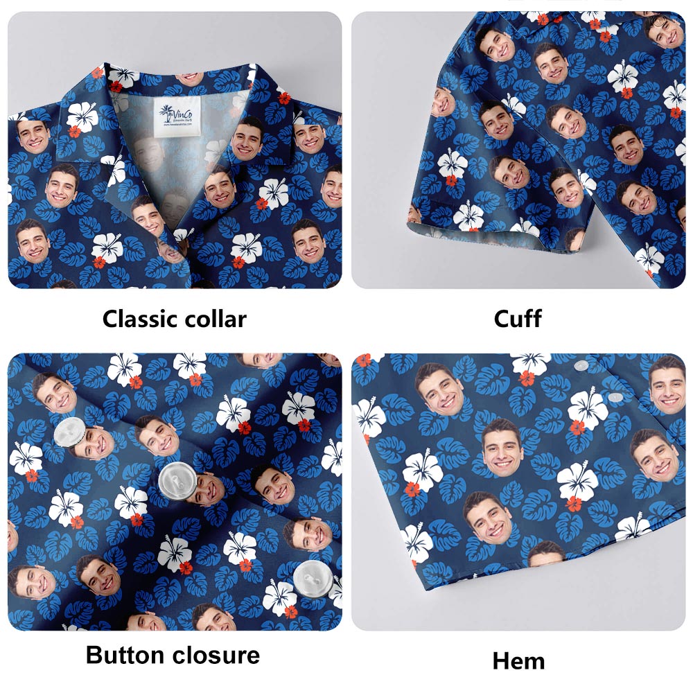 Face Custom Men's Hawaiian Shirt Navy With Hibiscus