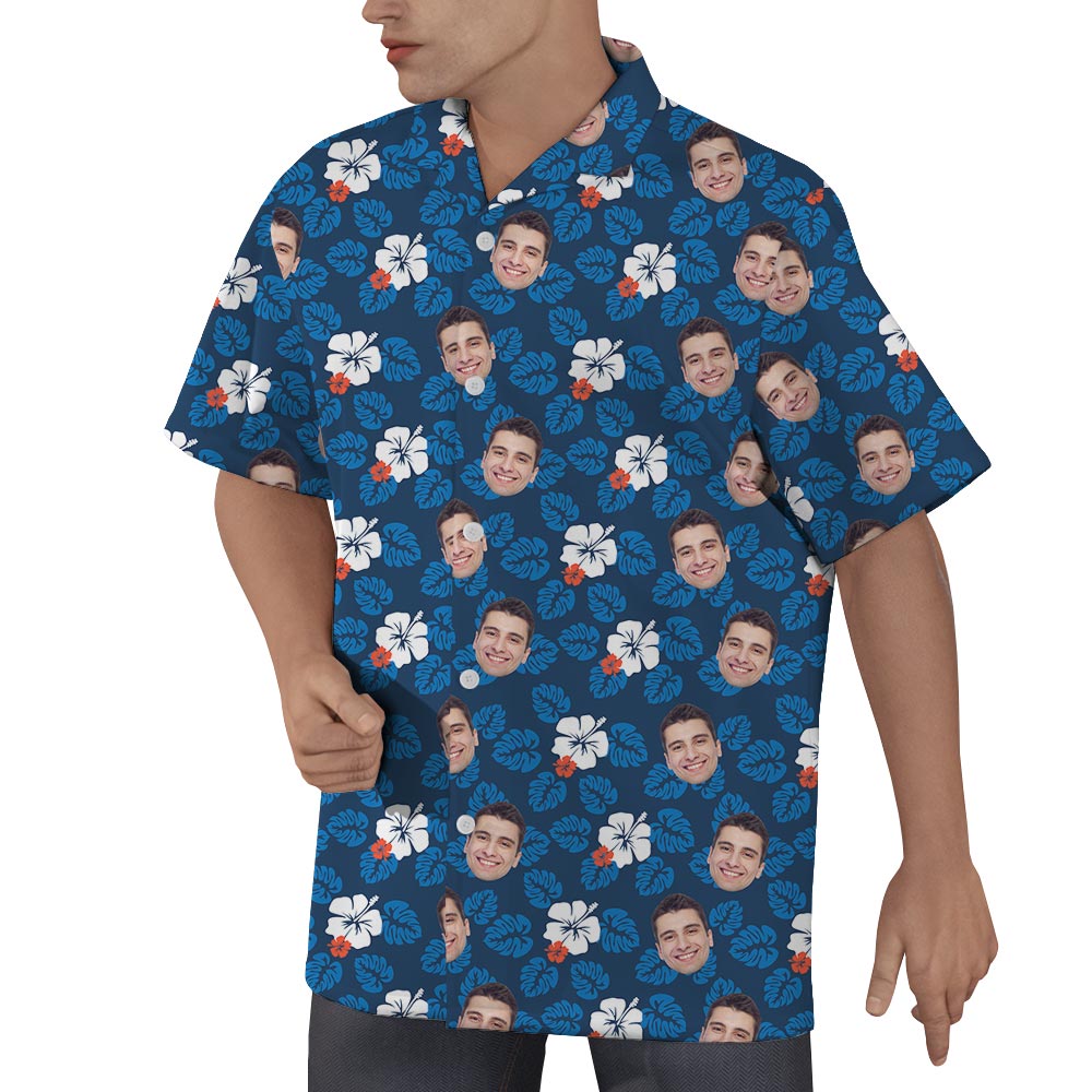 Face Custom Men's Hawaiian Shirt Navy With Hibiscus
