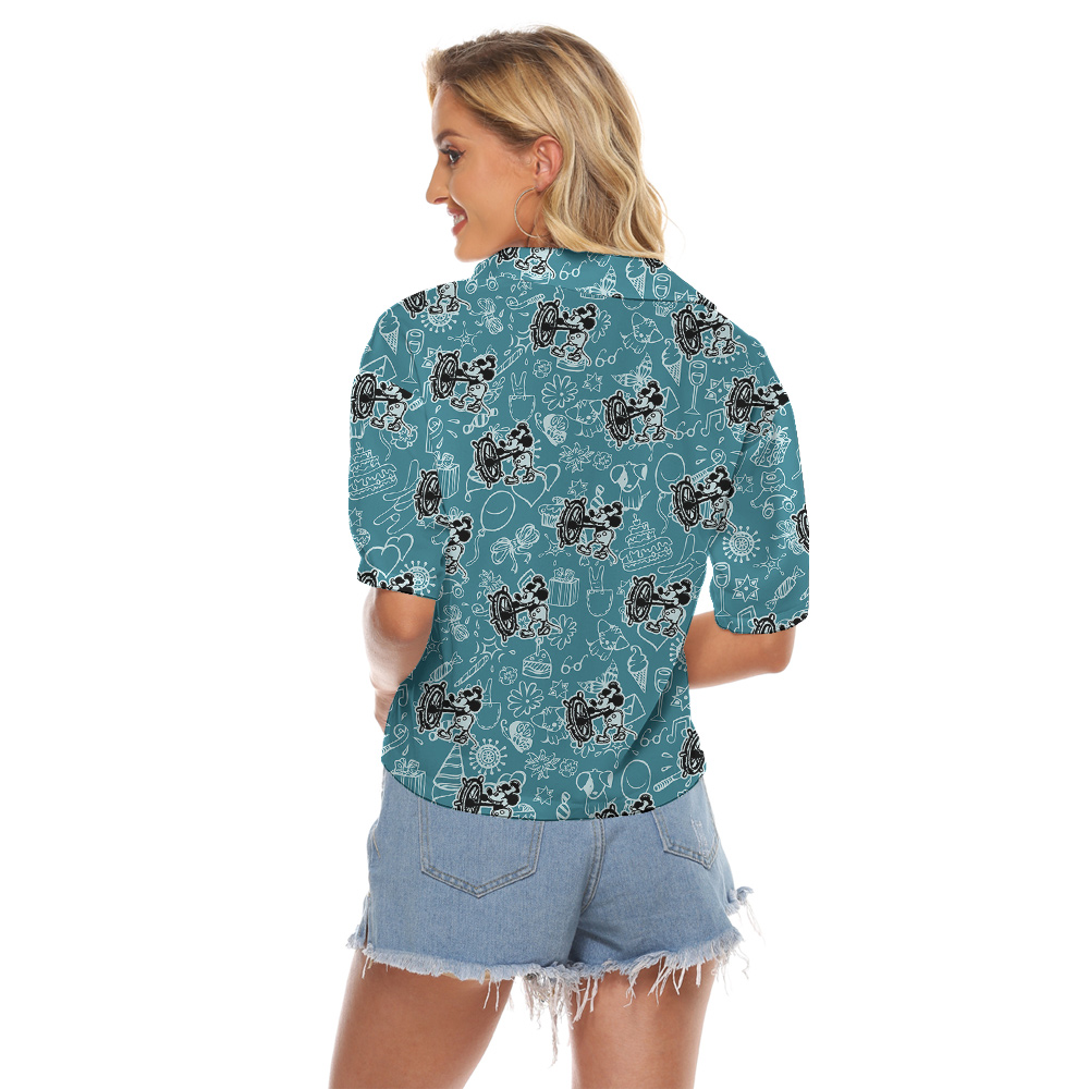 Mickey Mouse Steamboat Willie Blue Hawaiian Women Cropped Shirt
