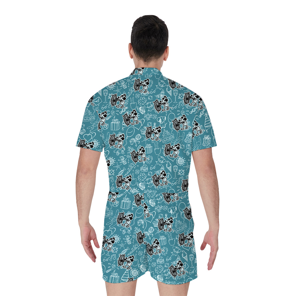 Mickey Mouse Steamboat Willie Blue Hawaiian Button Up Men Romper