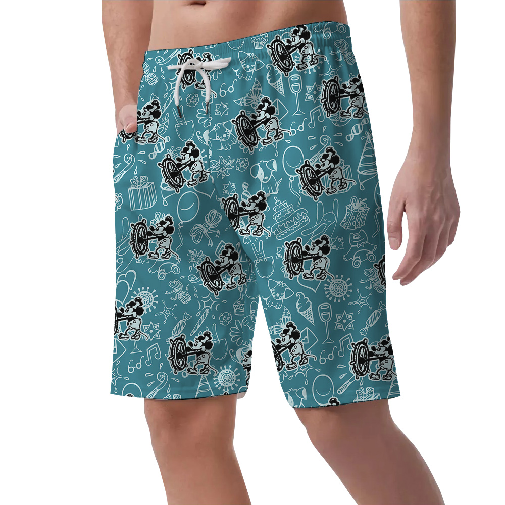 Mickey Mouse Steamboat Willie Blue Hawaiian Button Up Men Short