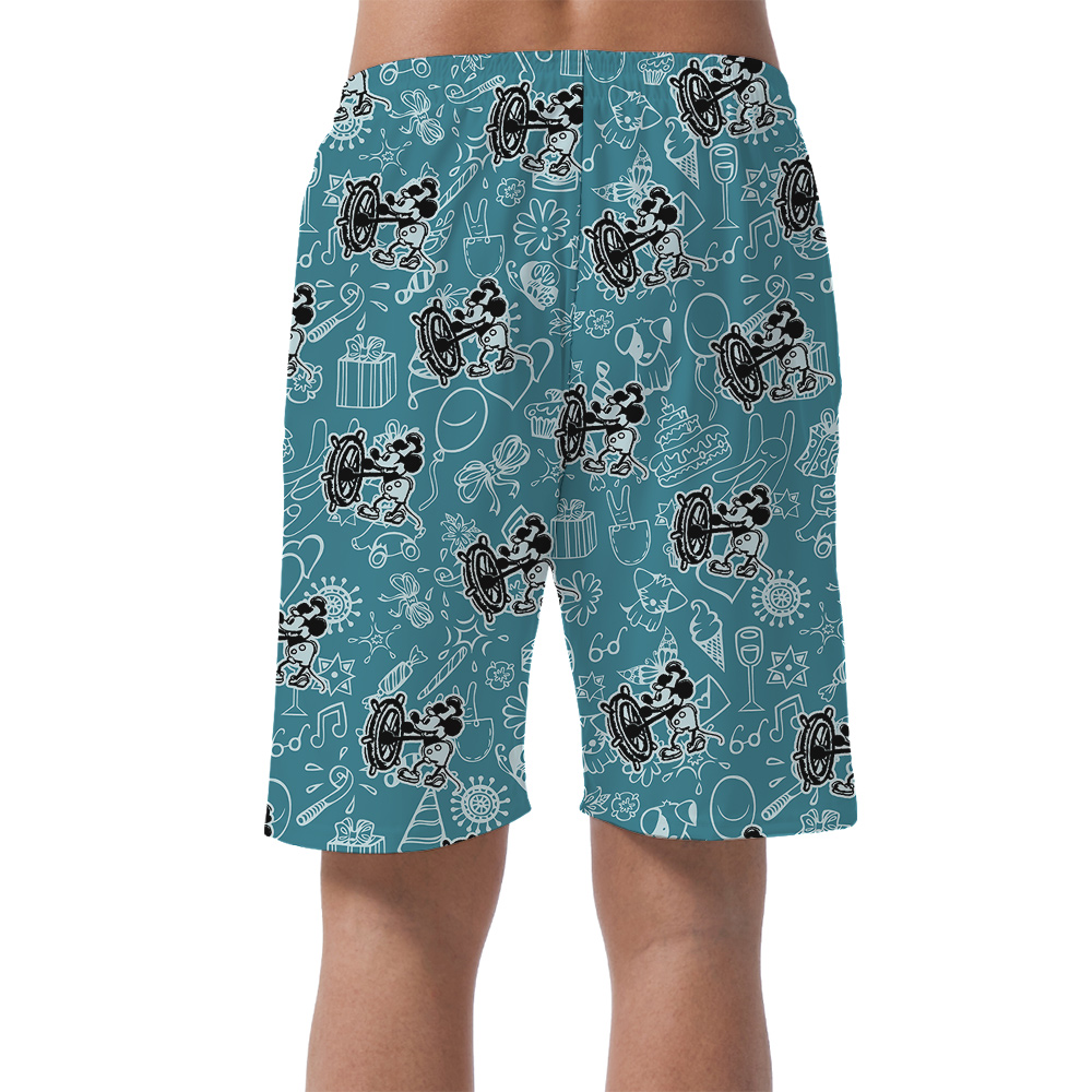 Mickey Mouse Steamboat Willie Blue Hawaiian Button Up Men Short