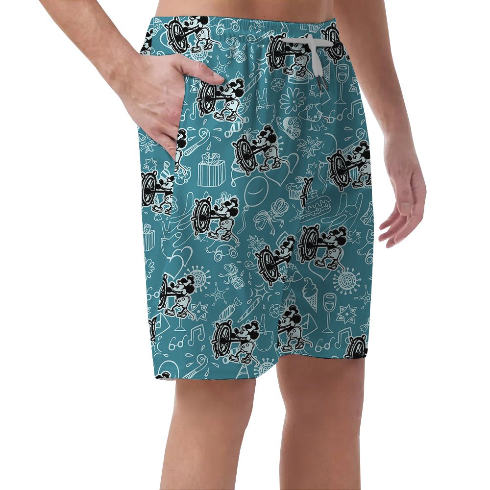 Mickey Mouse Steamboat Willie Blue Hawaiian Button Up Men Short