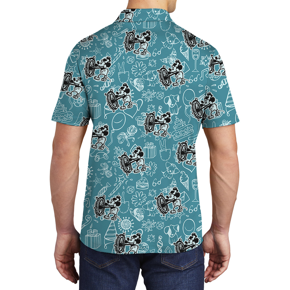 Mickey Mouse Steamboat Willie Blue Hawaiian Button Up Men’s Polo Shirt