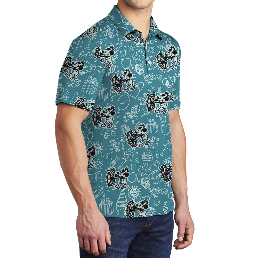 Mickey Mouse Steamboat Willie Blue Hawaiian Button Up Men’s Polo Shirt