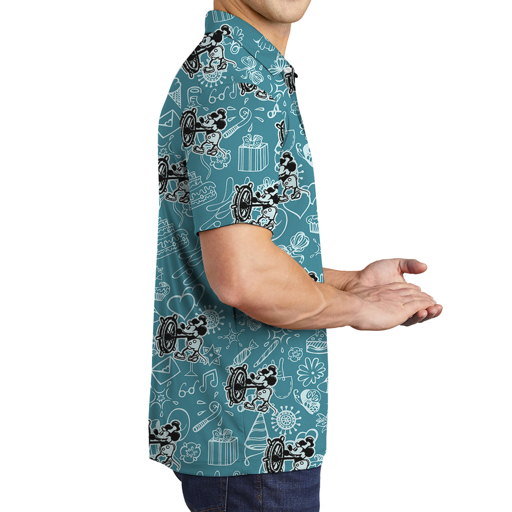 Mickey Mouse Steamboat Willie Blue Hawaiian Button Up Men’s Polo Shirt
