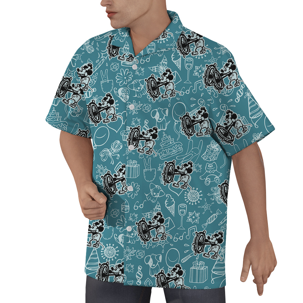 Mickey Mouse Steamboat Willie Blue Hawaiian Button Up Men’s Shirt