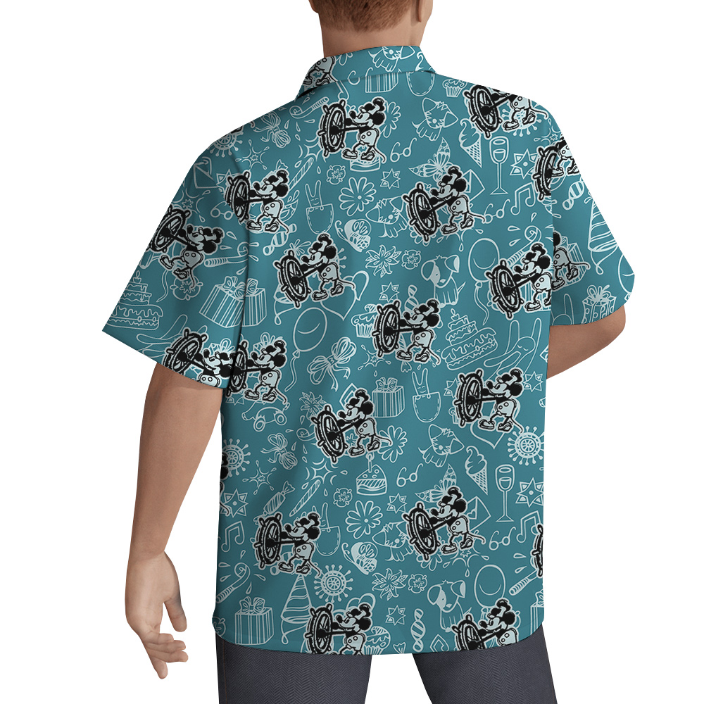 Mickey Mouse Steamboat Willie Blue Hawaiian Button Up Men’s Shirt