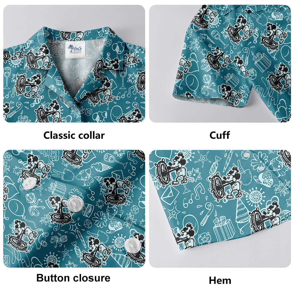 Mickey Mouse Steamboat Willie Blue Hawaiian Button Up Men’s Shirt