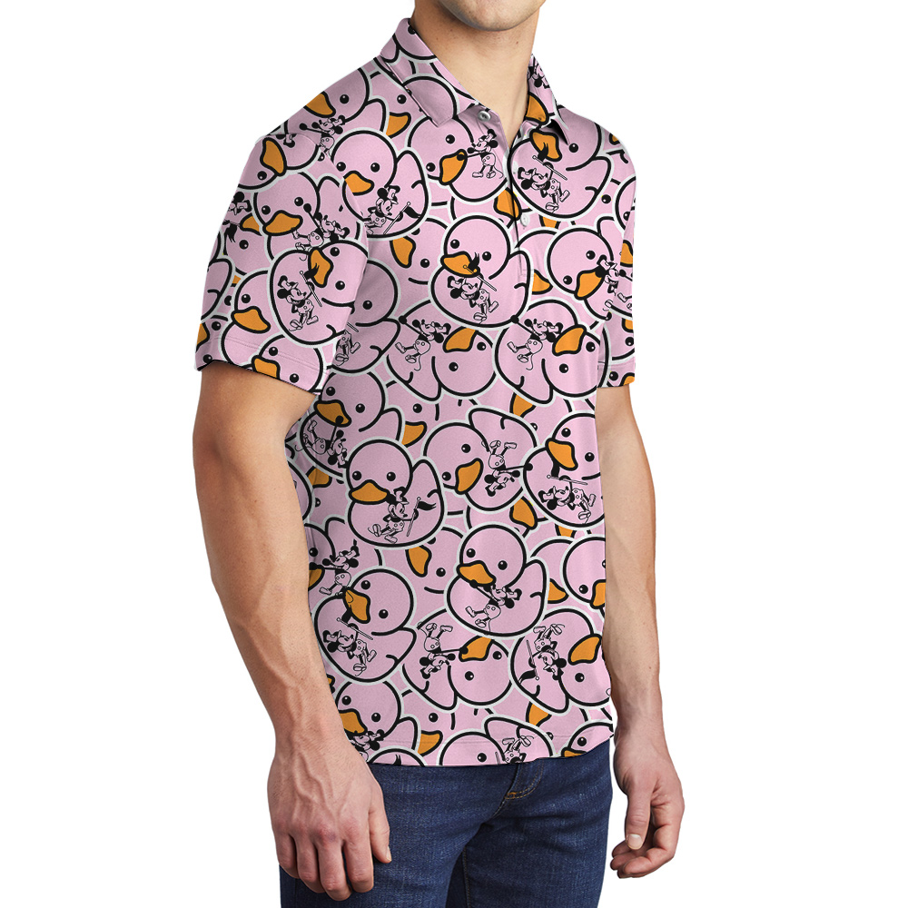 Mickey Steamboat Willie Pink Rubber Duck Hawaiian Men Polo Shirt