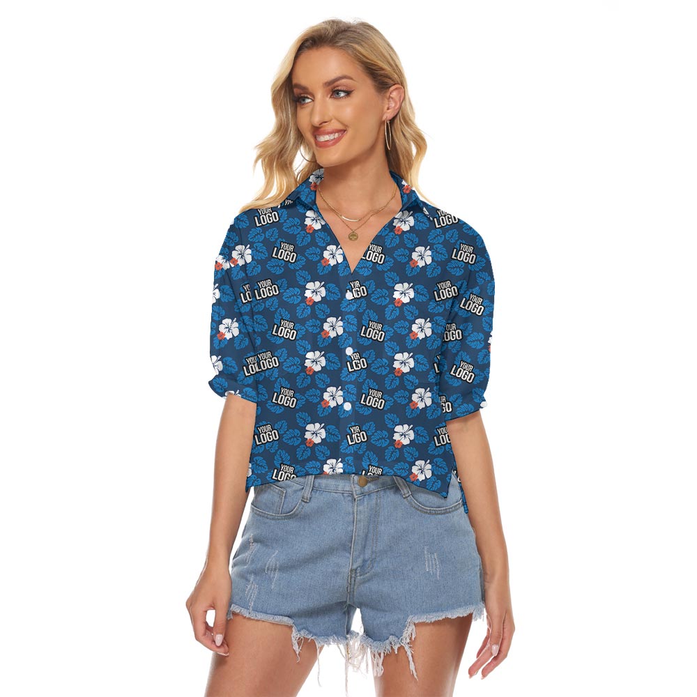 Navy Hibiscus Hawaiian Cropped Shirt For Women With Your Face - variant image 1