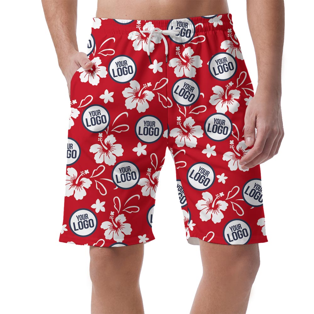Red Men's Hawaii Shorts With Hibiscus And Team Logo - variant image 1