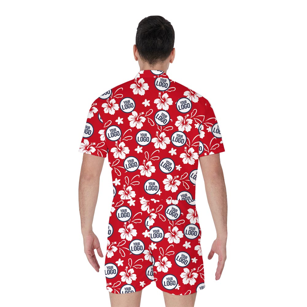 Matching Men Red Hawaiian Romper With Company Logo Custom