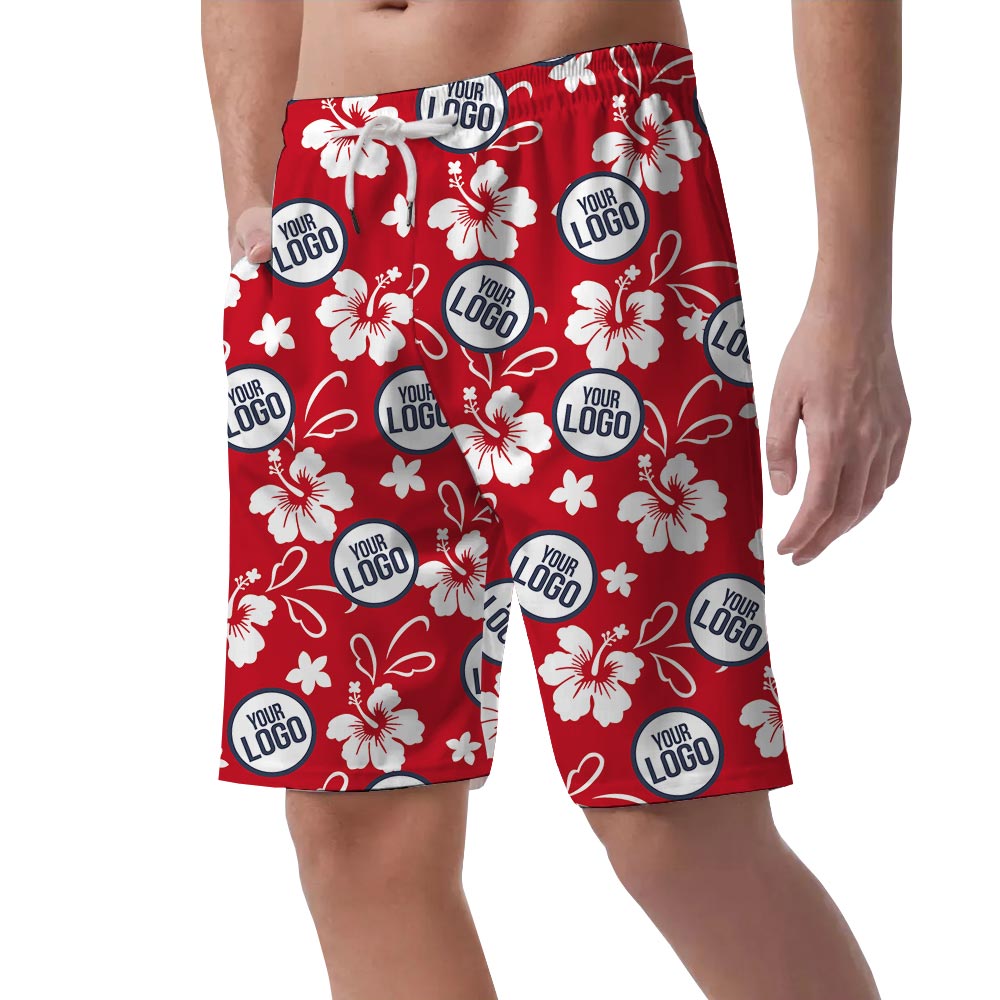 Red Men's Hawaii Shorts With Hibiscus And Team Logo