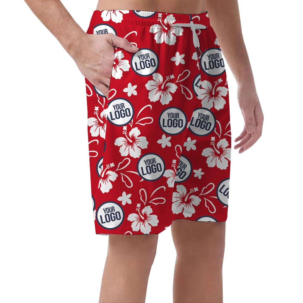 Red Men's Hawaii Shorts With Hibiscus And Team Logo