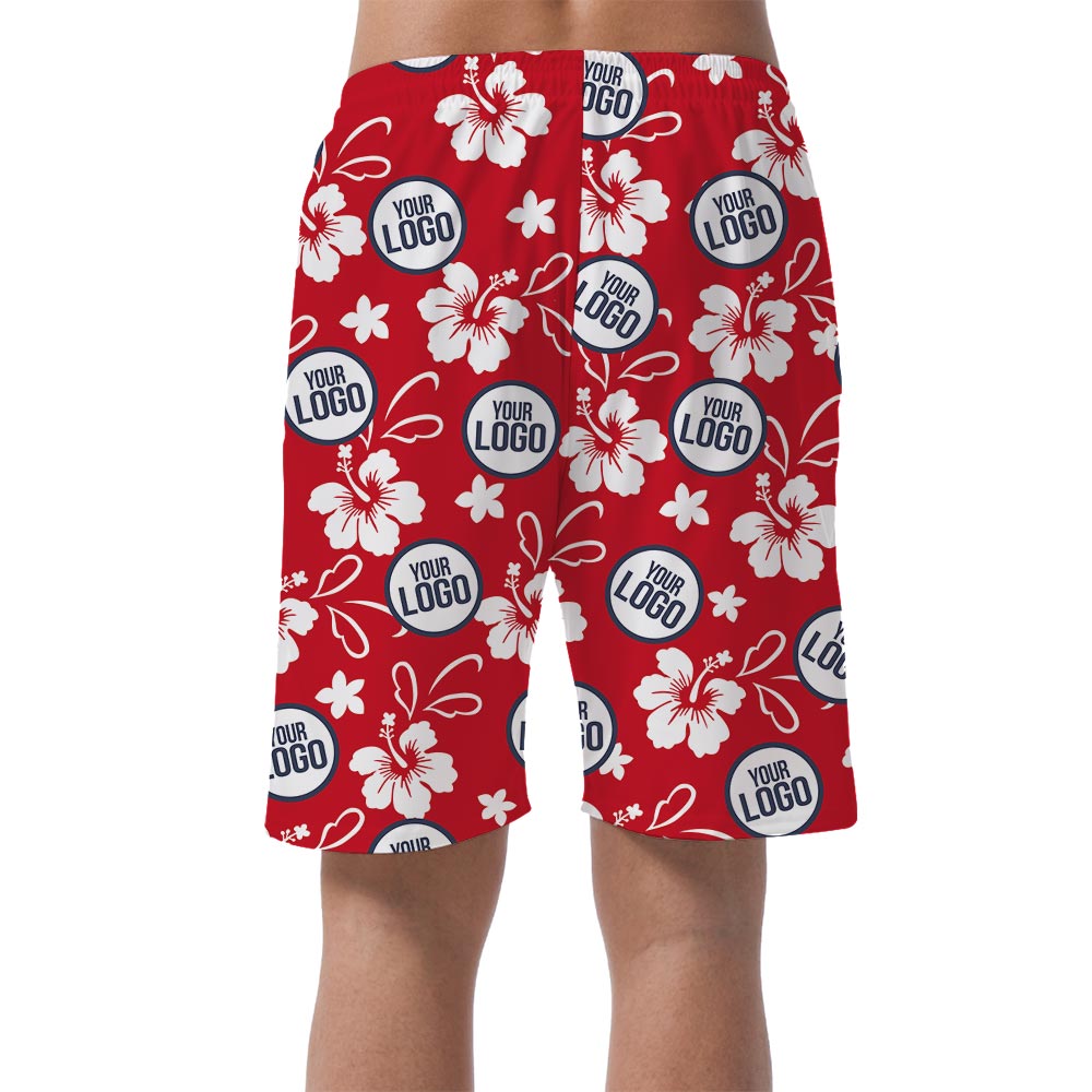 Red Men's Hawaii Shorts With Hibiscus And Team Logo