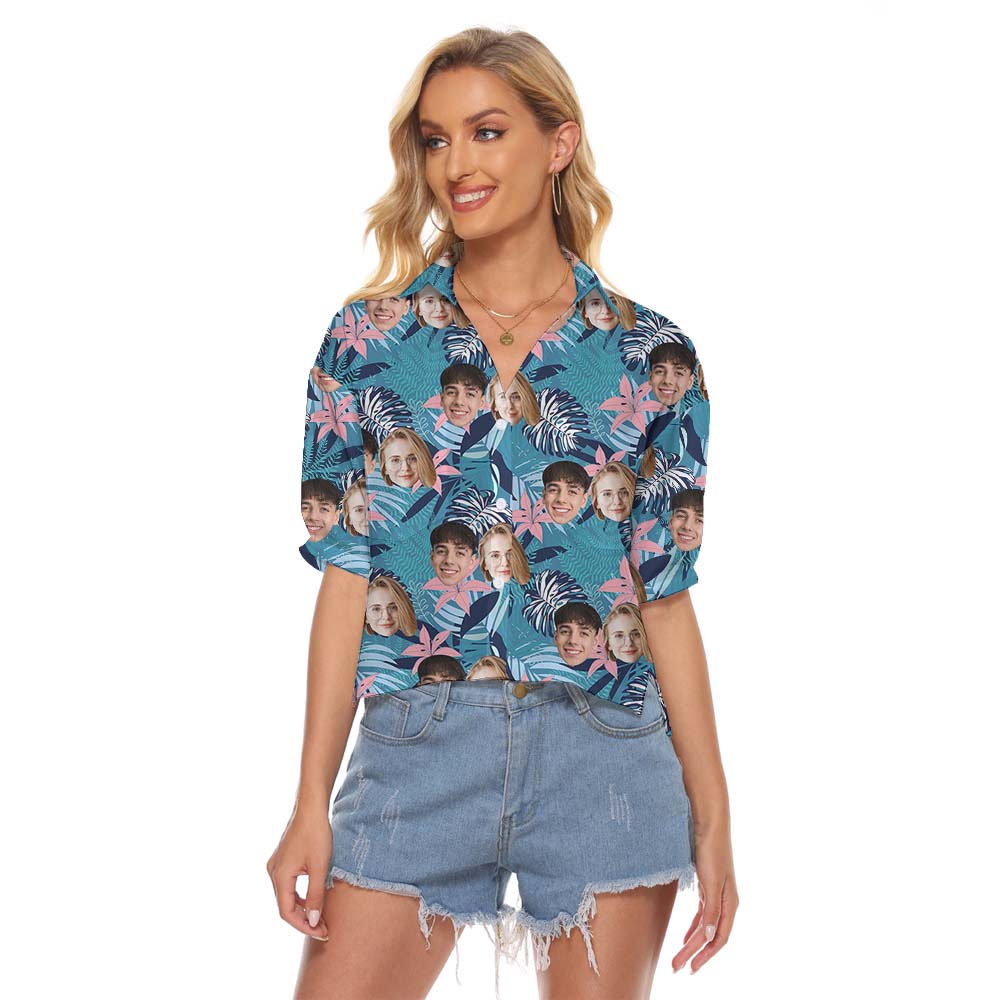 Custom Face Blue Women's Hawaiian Blouse - variant image 1
